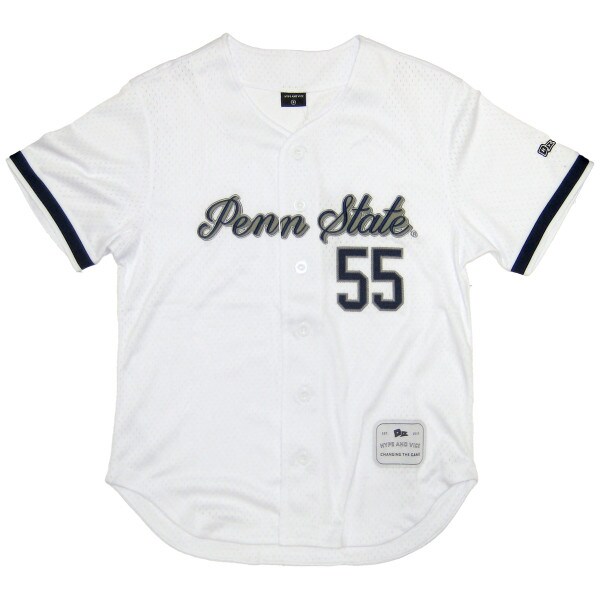 women's white baseball jersey with script Penn State and #55